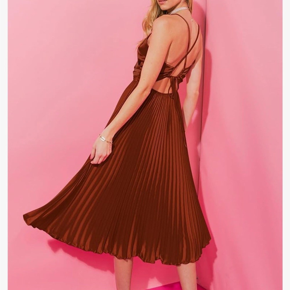 Womens Satin Sexy Backless Wrap V Neck Sleeveless Spaghetti Strap Pleated